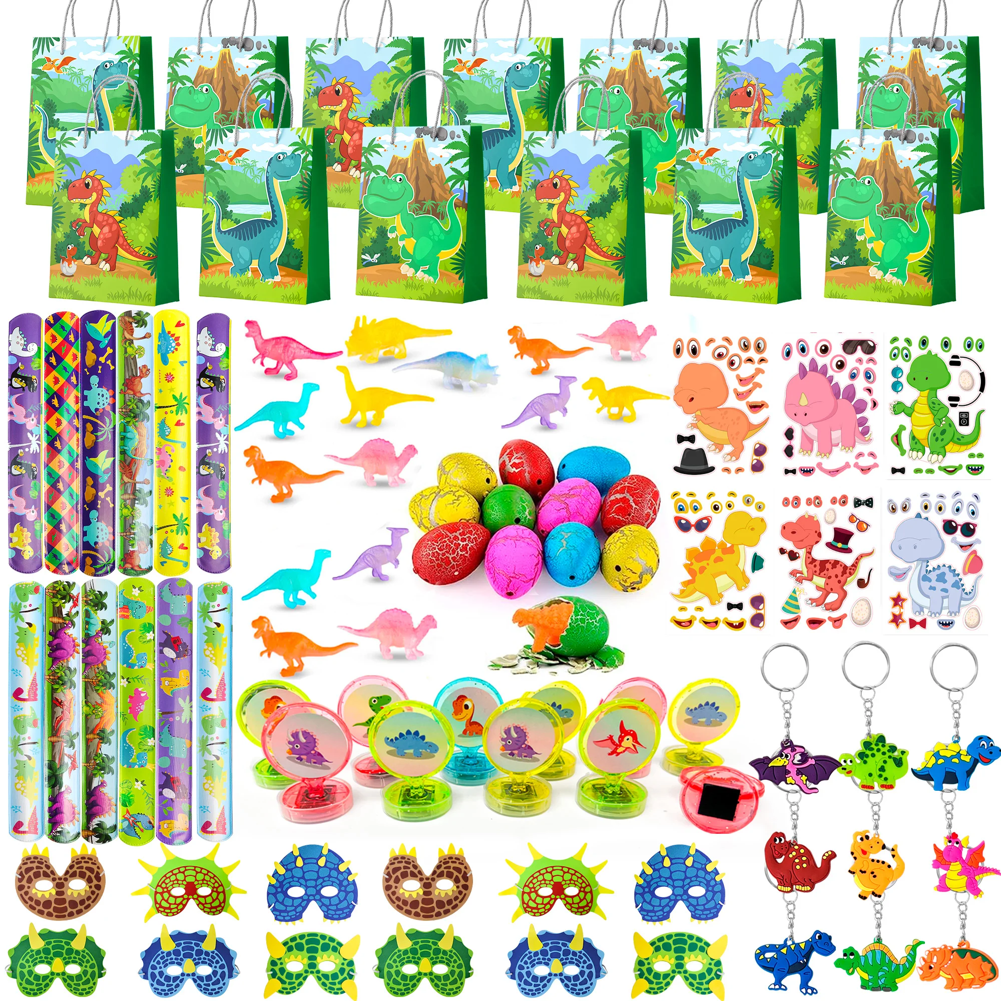 Dinosaur Party Favors for Kids, 96pcs All-in-One Dinosaur Birthday Party Favors Set - Bags Keychains Stampers Stickers Toys etc