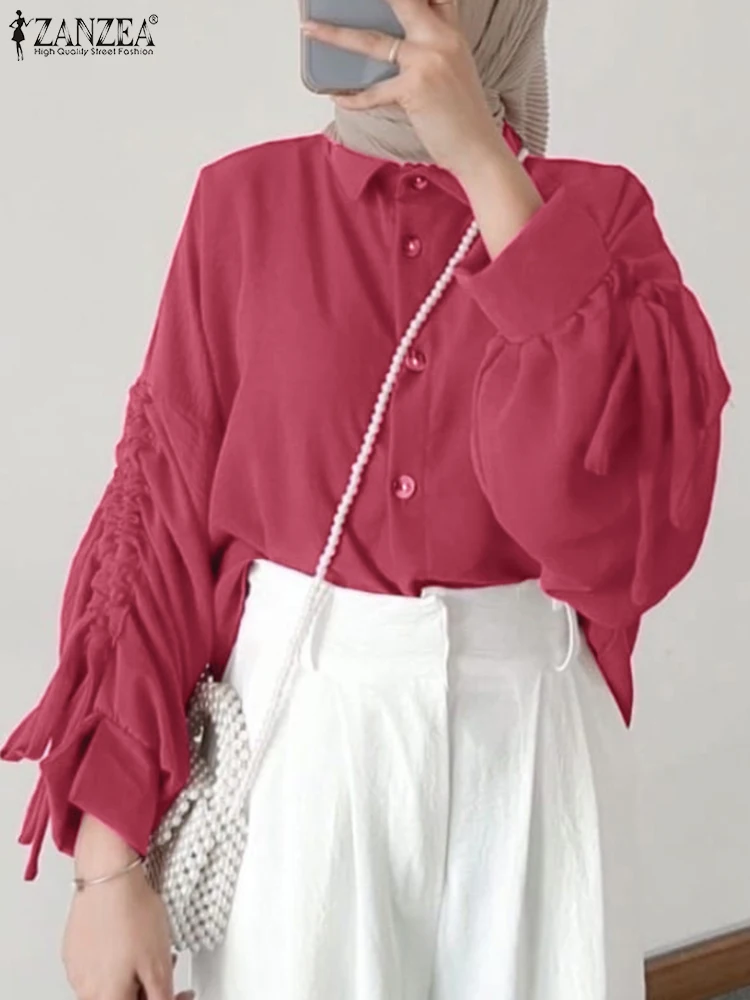 

ZANZEA Oversize Women Shirt Fashion Muslim Abaya Tops Casual Drawstring Blusas Mujer Autumn Lapel Neck Long Sleeve Loose Blouse