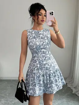 Spring/Summer Boho And French-Style Blue And White Floral Dress, Sleeveless With A Round Neckline 1
