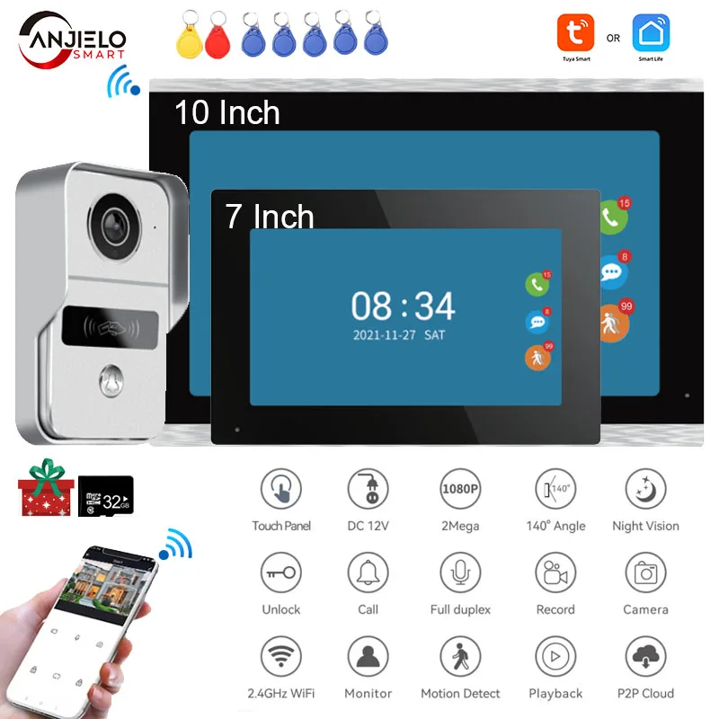 TUYA 1080P 7/10 Inch  WiFi Video Intercom Touch Screen Wireless Video Doorbell Smart APP Home Kit for RFID Access Control System