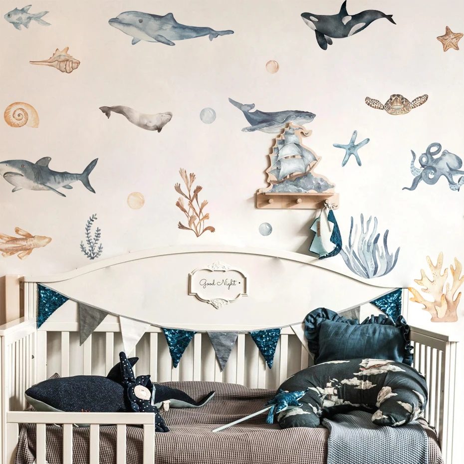 Watercolor Cartoon Sharks Wall Decals Ocean Animal Wall Sticker Under The Sea Marine Life Theme Decals Nursery Kids Room Decor wall stickers luminous wall stickers vinyl decal stickers