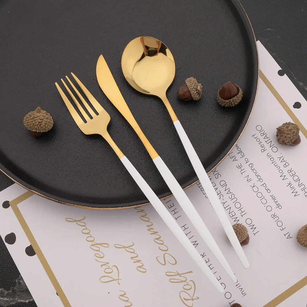 White Gold Cutlery Set Stainless Steel Tableware Knife Cake Fork Coffee Spoon Dinnerware Set 30Pcs Kitchen Flatware Silverware cutlery set western style cutlery set picnic cutlery set stainless steel cutlery set