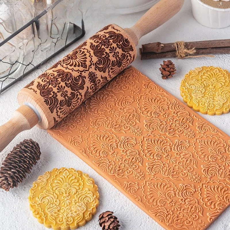Wooden Printed Rolling Pin for Baking Cookies and Pastries