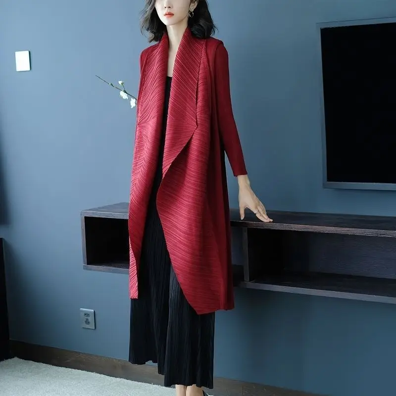 Luxury Pleated Coat New Turn Down Collar Long Sleeve Mid-length Trench Coat Oversized Windbreaker Cardigan High-end Chic Jackets