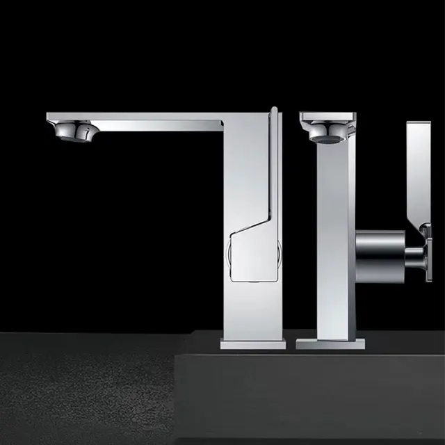 ก๊อกน้ำทองเหลืองสำหรับห้องน้ำ รูปทรงเรขาคณิต ตัวก๊อกเรียวบาง ผลิตจากทองเหลืองแท้ ใช้กับอ่างล้างหน้า น้ำร้อนน้ำเย็น ดีไซน์หรูหรา ขนาด G3/8G1/2 4