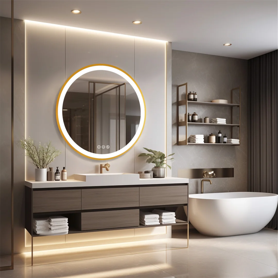 LUVODI 32Inch Waterproof Gold Frame Bathroom Mirror with LED Lights Illuminate Wall Vanity Mirror 3 Color Dimming Quick Defog 3