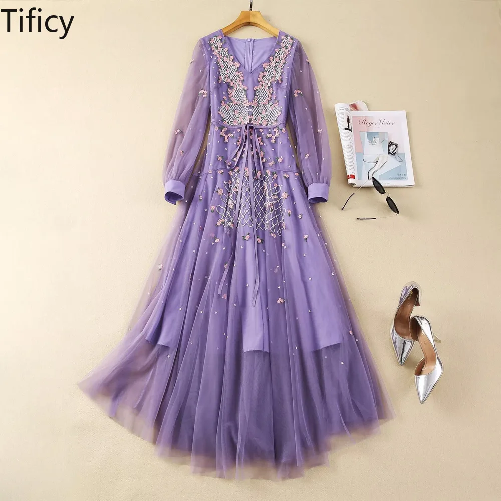 

TIFICY 2024 Spring/Summer New Women's V-neck Long Mesh Heavy Industry Embroidery Purple Fairy Style Long Dresses