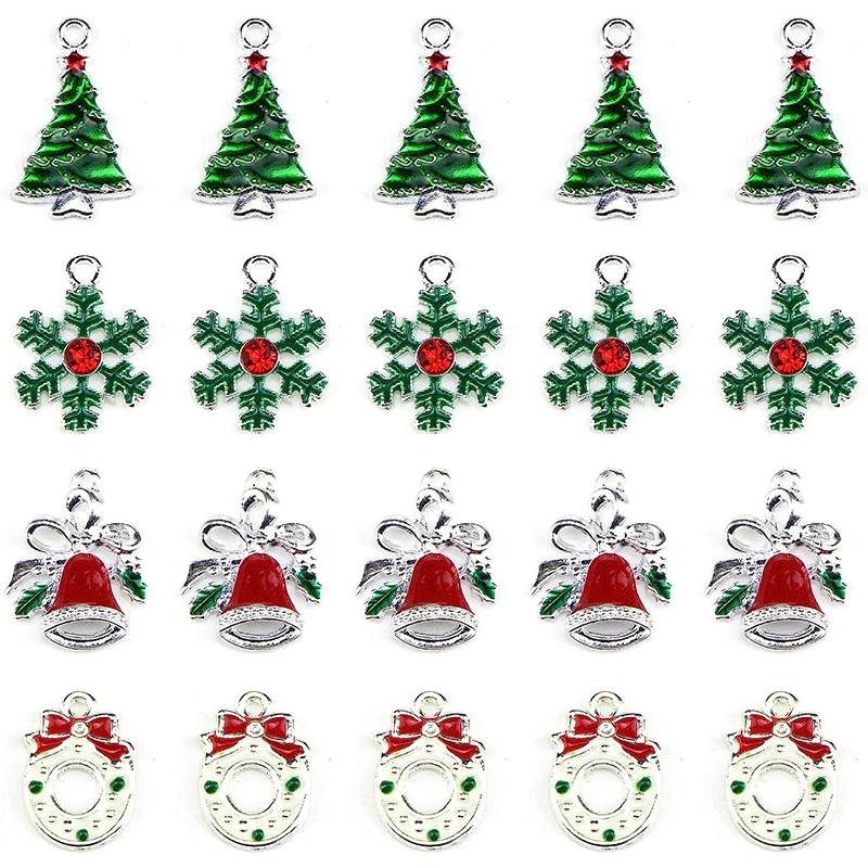 20Pcs Enamel Charms Christmas Tree Snowflake Garland Bell Pendants for Necklace Bracelet Ankle Earring Jewelry DIY Making