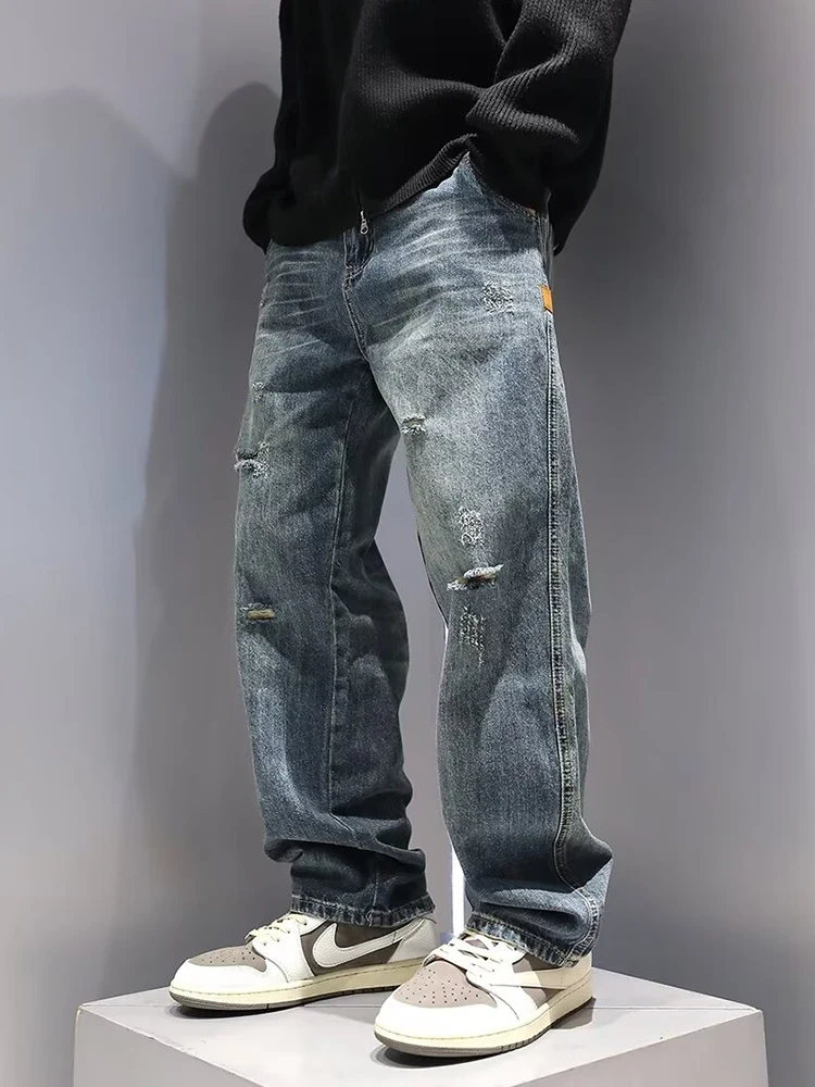 Men's Ripped Jeans Baggy Straight Vintage Denim Pants Hip Hop Trousers