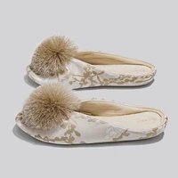 Satin Embroidery Flat Slippers Women Fashion Hairball Decoration Designer Shoes Cozy Lightweight Indoor Non-Slip Cotton Slippers - Image 6