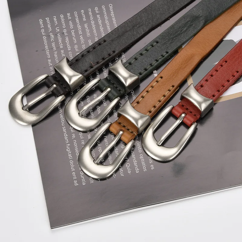 

Casual Women Slim Belt Full Grain Real Cow Leather Waist Belt Irregular Metal Buckle Adjustable Strap Cinture Cowskin Waistbands