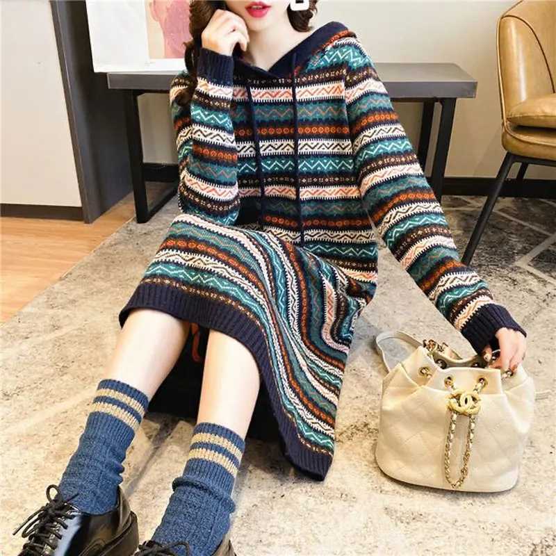 

Vintage Folk Striped Knitted Dresses Female Clothing Casual Hooded Autumn Winter Commute Fashion Drawstring Straight Midi Dress
