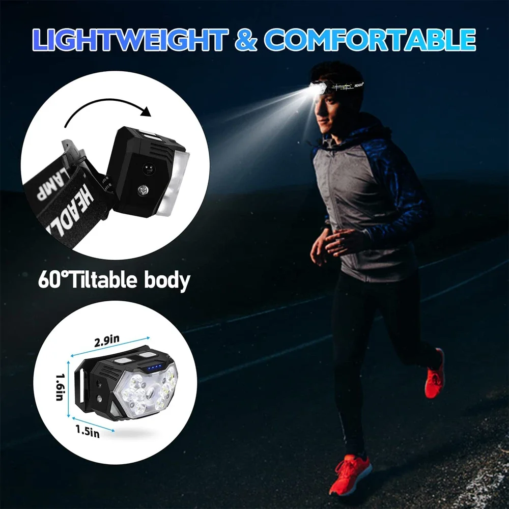 2000 루멘 LED 충전식 USB 헤드램프, 모션 센서 헤드라이트, 방수 헤드 손전등, 야외 캠핑 낚시 헤드 램프