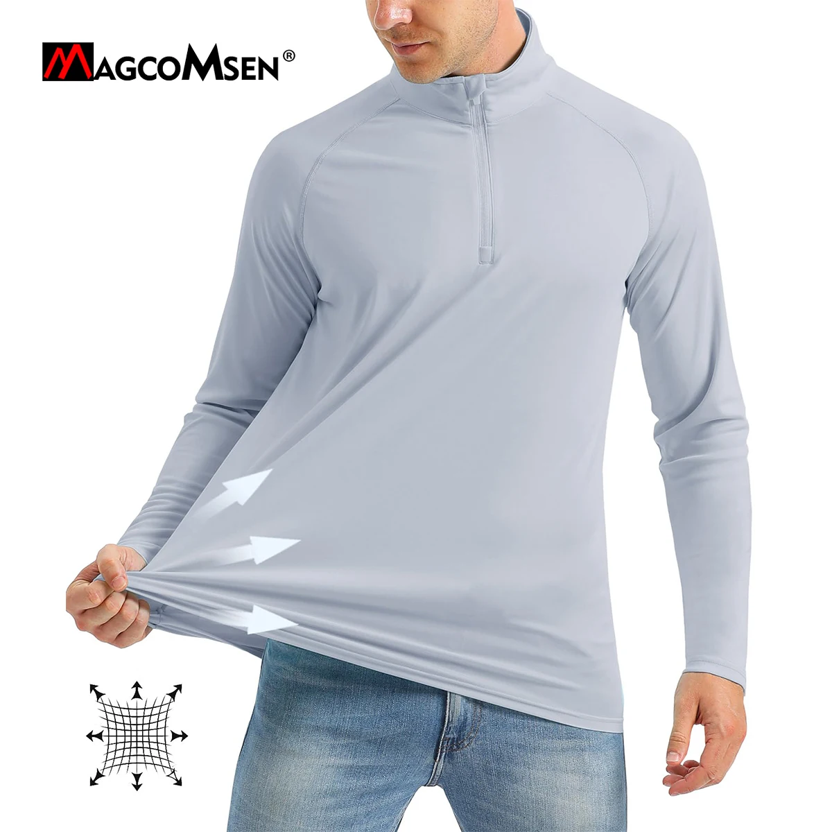MAGCOMSEN UPF50 + 남성용 UV 자외선 차단 티셔츠, 긴 소매 하이킹 낚시 셔츠, 속건성 1/4 지퍼, 여름 운동 풀오버 상의