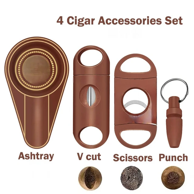 Yellow Classic 4 Cigar Set Cigar Cutter Pocket Ashtray V-Cut Sharp Puro Scissors Guillotine Punch Knife Cuba Cigar Accessories - Image 2