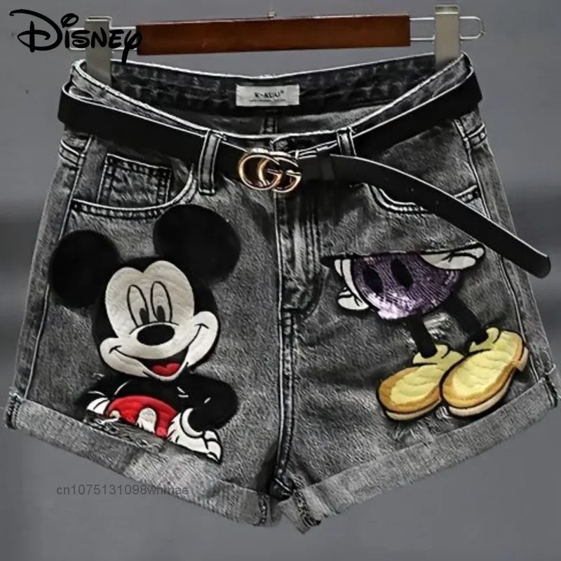 

Летние винтажные джинсовые шорты Disney с Микки Маусом, женские новые корейские узкие и тонкие модные короткие джинсовые шорты с высокой талией