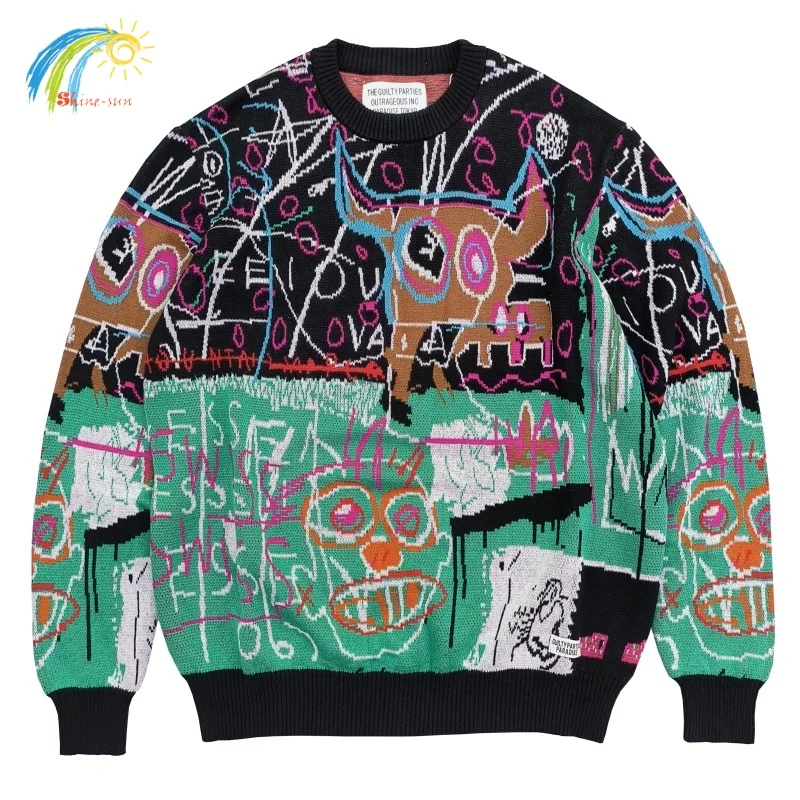 

23FW Top Quality Full Graffiti Jacquard WACKO MARIA Sweater Men Women 1:1 Oversized Streetwear Color Matching Crewneck Pullover