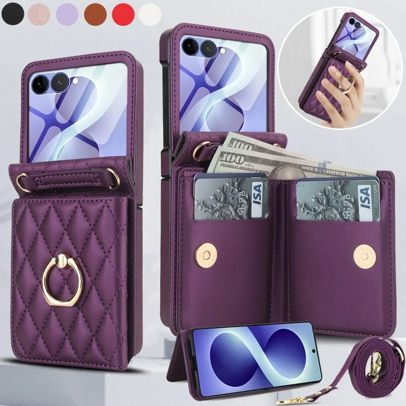 Lanyard Leather Wallet Phone Case with Ring and Card Holder
