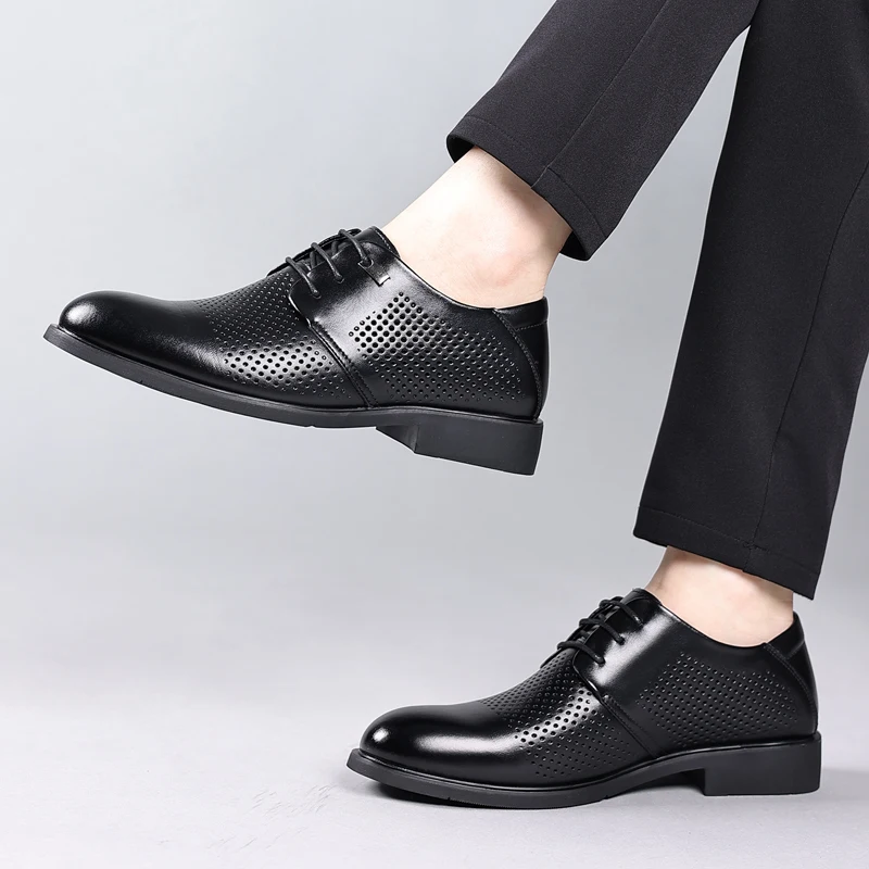 2024 Summer New Breathable Sleeves Perforated Leather Shoes Hollow out Men's Shoes Middle aged Dad Official Casual Business Sand