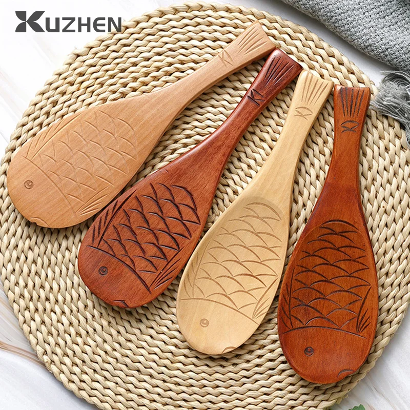 

Creative Wooden Shovel Rice Spoon Hand Polished Solid Color Fish Shape Wooden Fish Rice Scoop Firm Kitchenware For Rice Soup