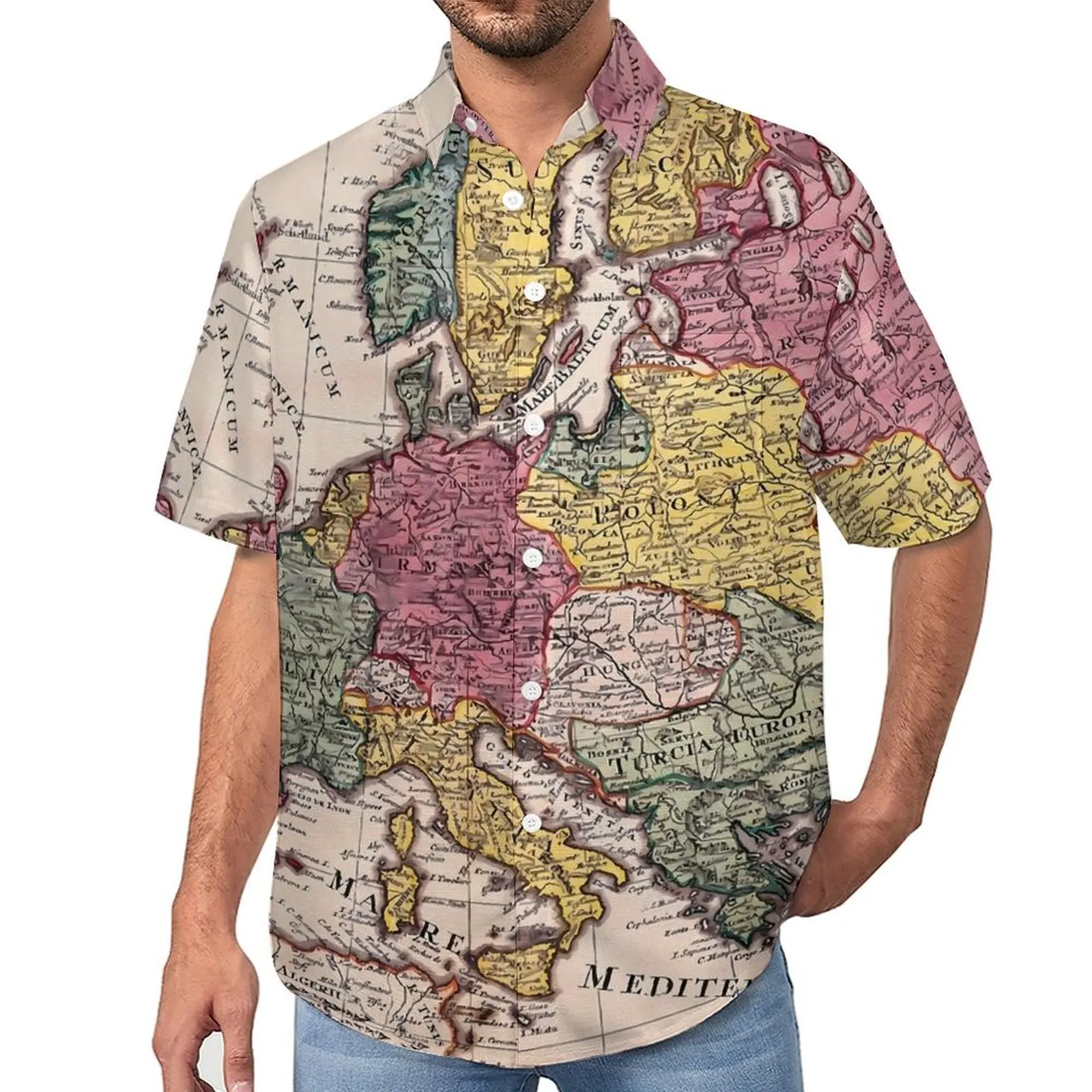 

Old World Map Loose Shirt Male Vacation Antique Map Casual Shirts Hawaiian Graphic Short-Sleeve Harajuku Oversize Blouses