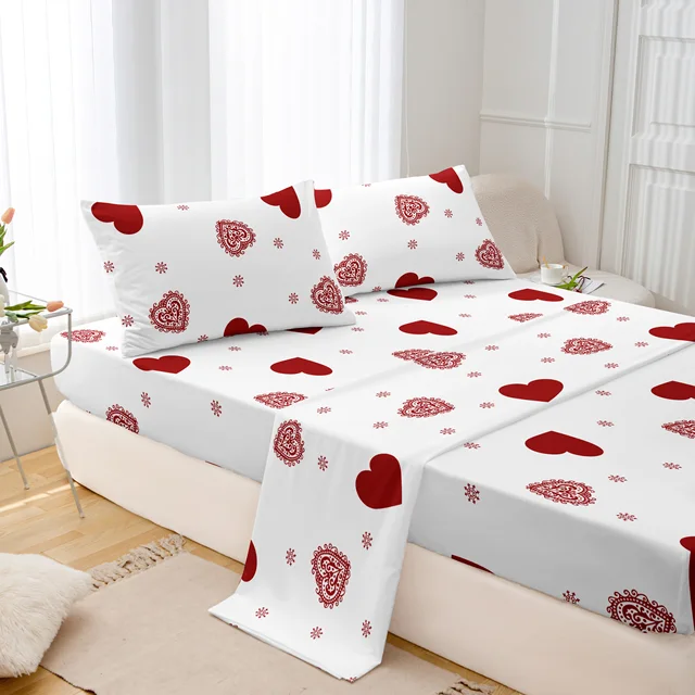 Set di 3 federe con baldacchino per letto con stampa a forma di cuore di San Valentino, tema d'amore romantico, lenzuolo con angoli con design a cuore rosso, adatto per ragazze 2