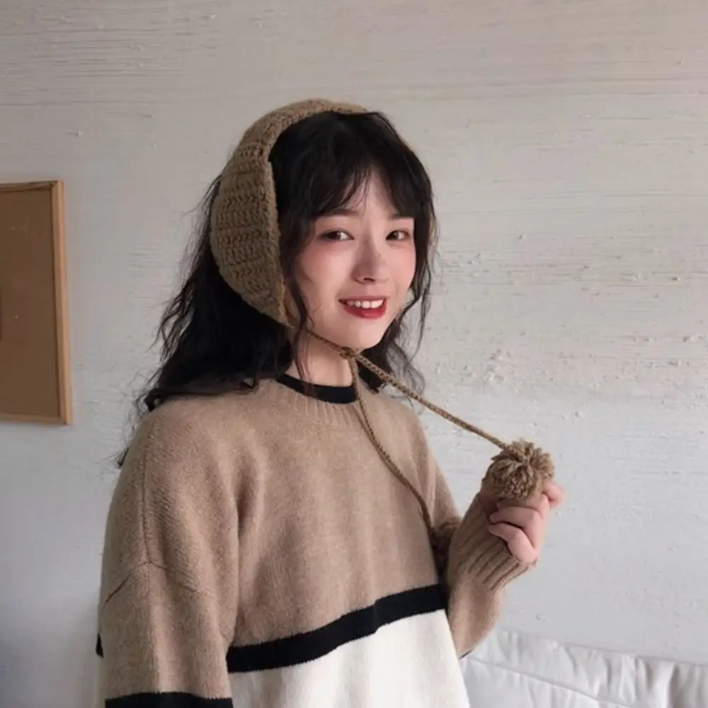 Handmade Y2k Plush Earmuffs Thicken Solid Color JK Knitted Earflap Riding Soft Warm Winter Ear Cover Girl warm earmuffs