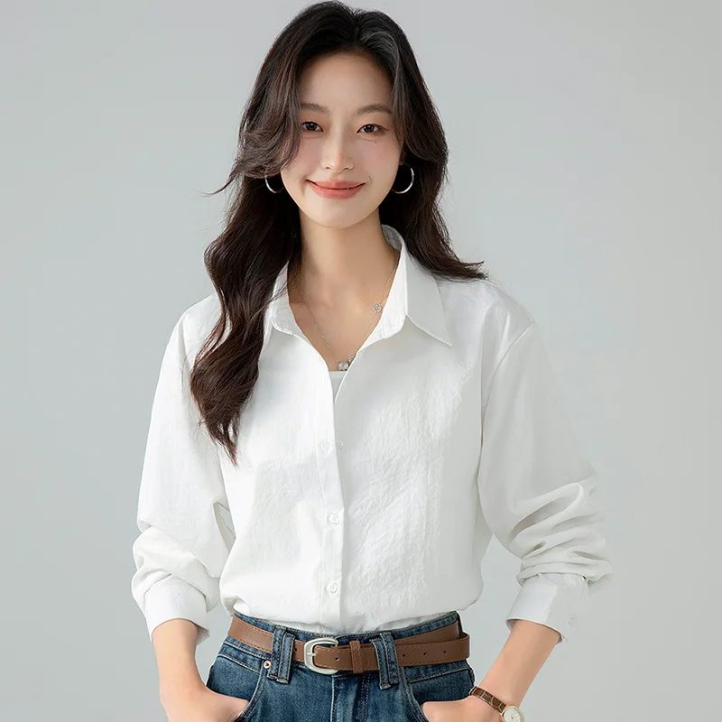 New Women'S Spring Autumn Loose Versatile Commuter Casual Top Simple Solid Color Professional Base Collar Long Sleeve Shirt Lady