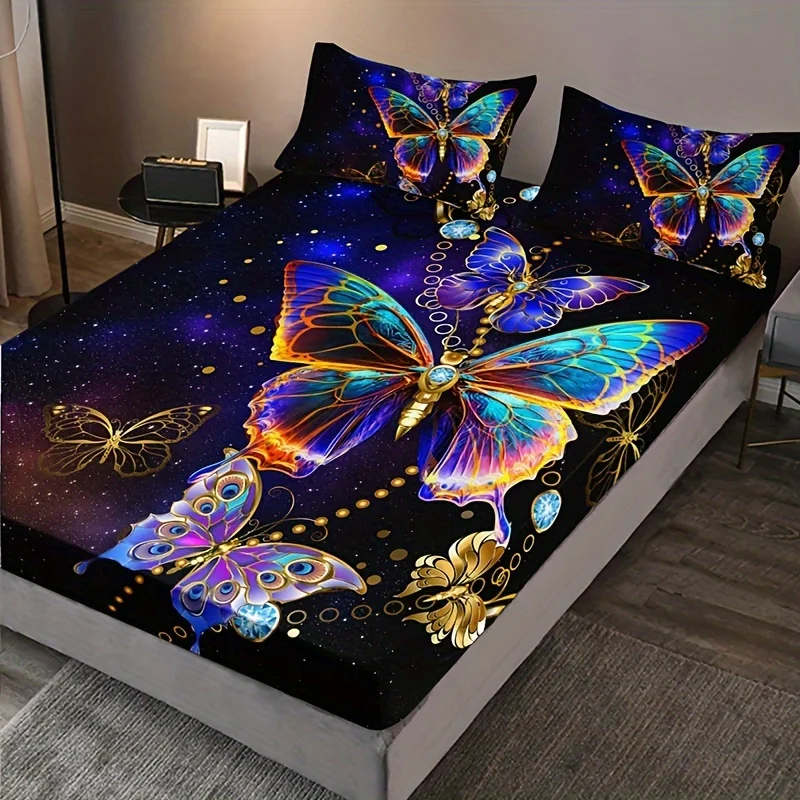 Fashion Luxury Fitted Sheet Set Soft Comfortable Breathable Color Butterfly Print Bedding Set For Bedroom Guest Room 2