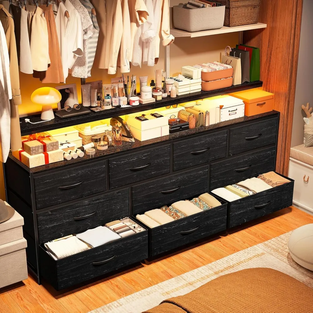 55" W Dresser for Bedroom with 10 Drawers Long Dresser with LED Lights & Power Outlets Wide Dressers Bedroom Dresser Metal Frame 2