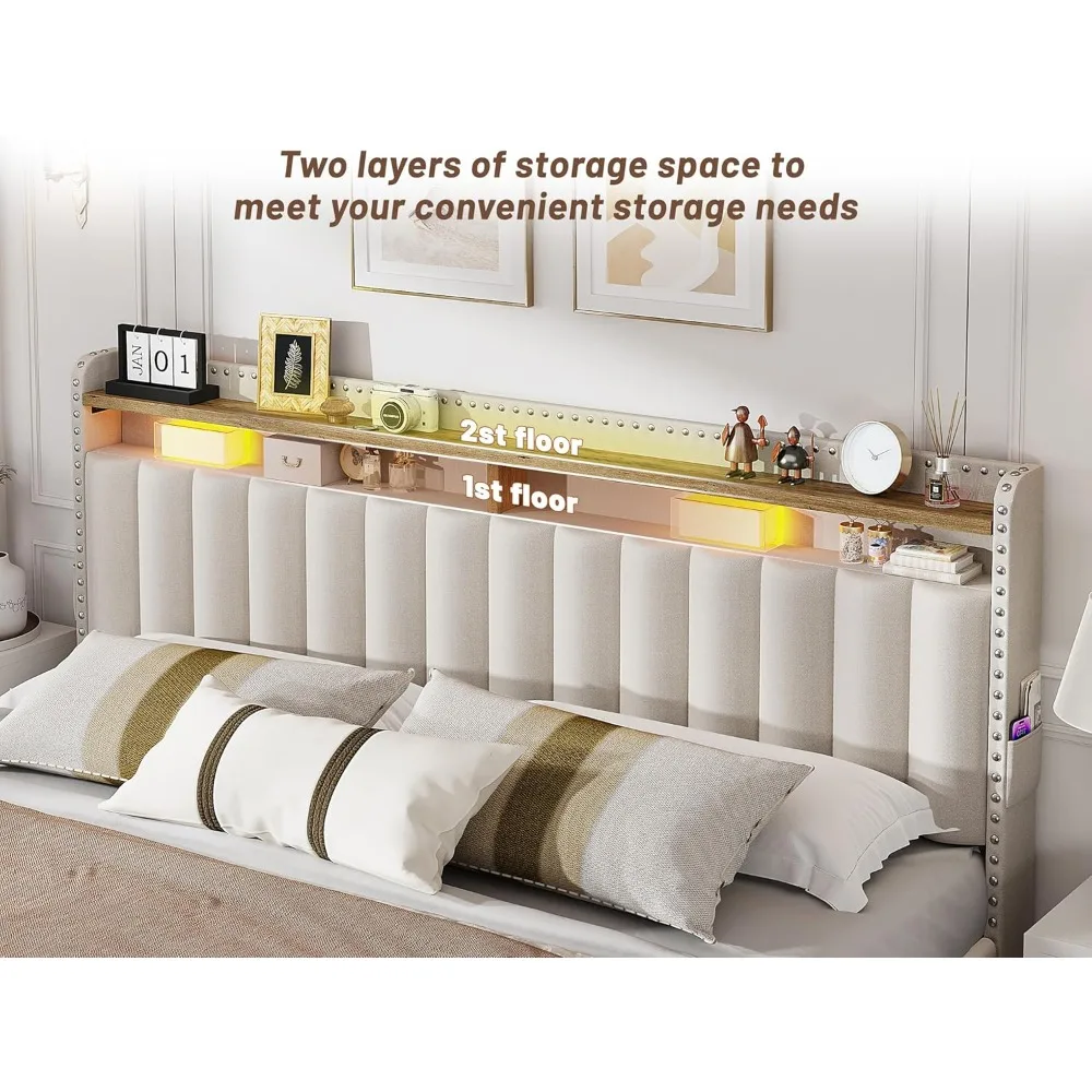 Bed Frame with 4 Storage Drawers, Upholstered Bed Frame and headboard with 2-Tier Shelves,Mattress Foundation with Wooden 5