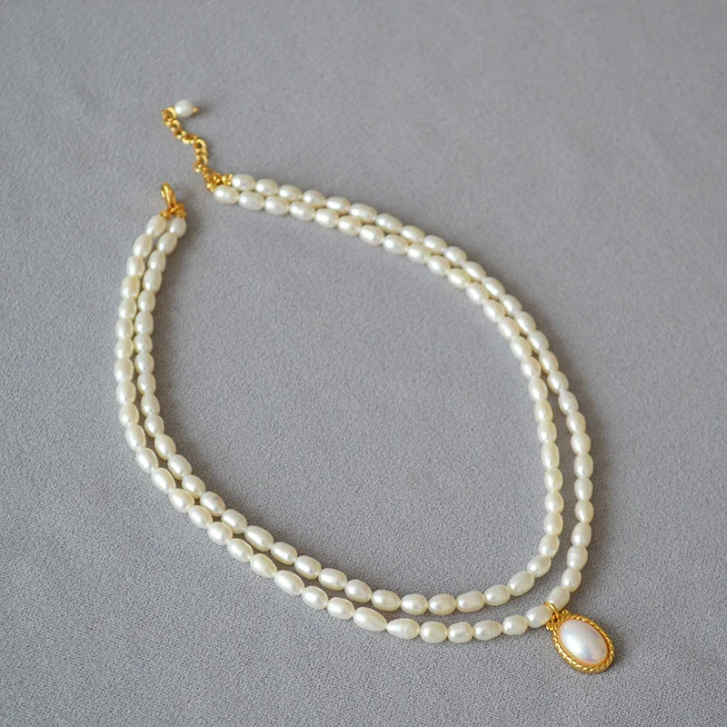 

French Elegant Oval Half Piece Pendant Double Layer Fresh Water Grain Pearl Temperament Short Necklace Collar Chain Female