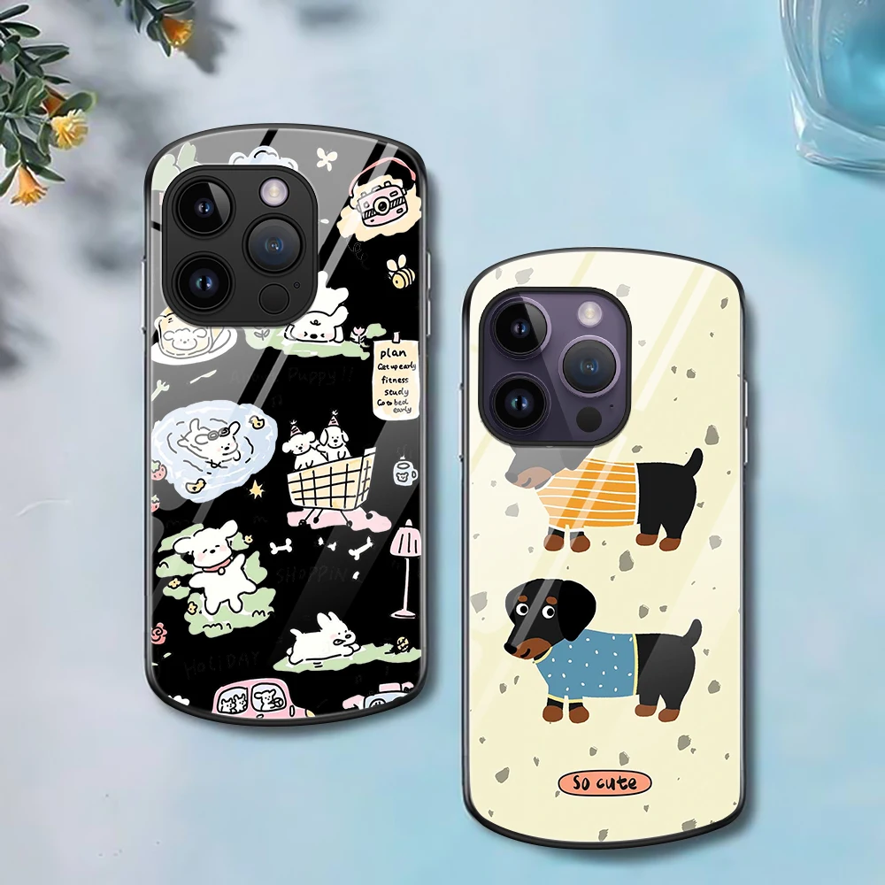 

Oval Tempered Glass Phone Case for iPhone 15 14 13 Pro Max Mini XR XSMax 7 8Plus SE 12 11 Cartoon Cute Dog Protection Back Cover