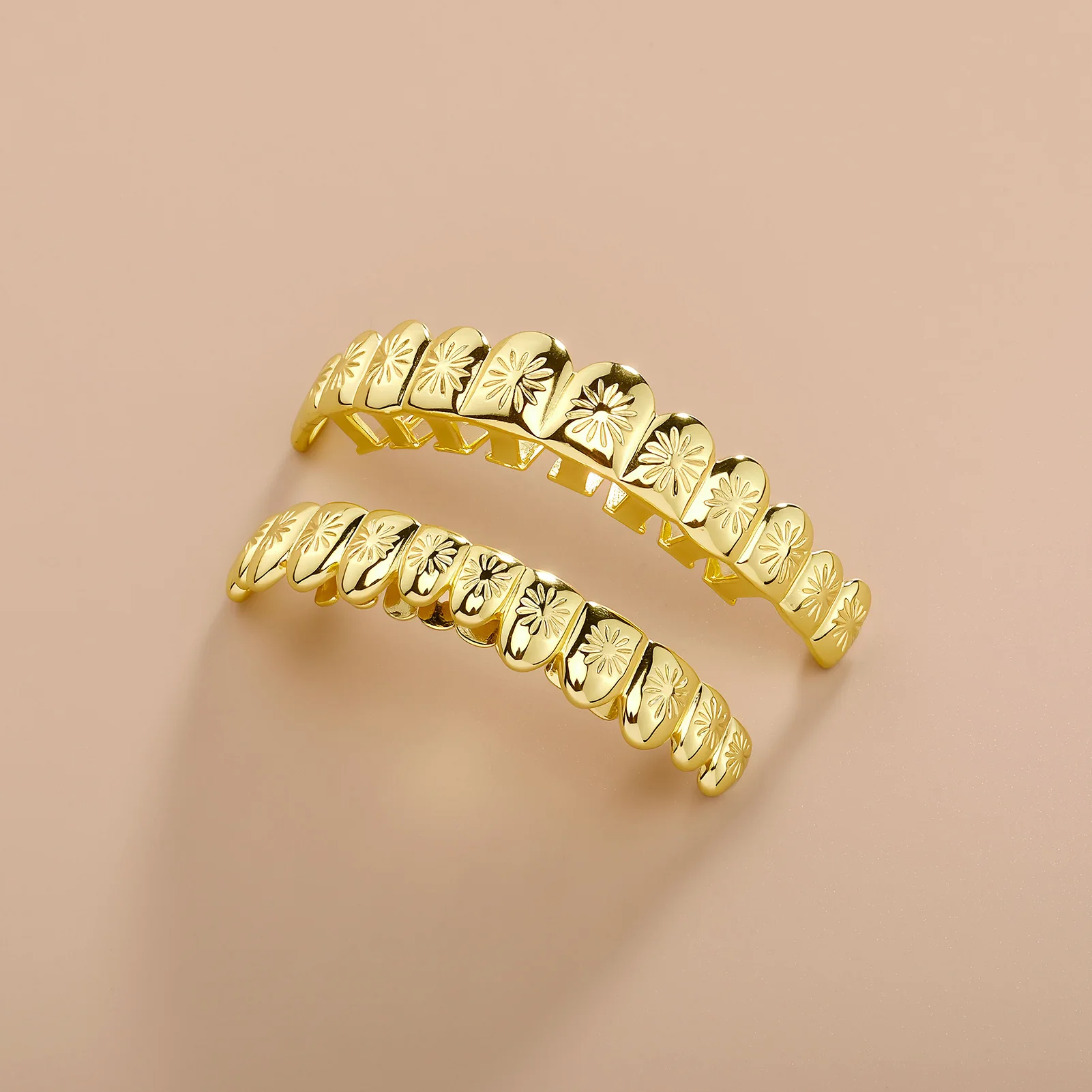 JINAO Hip-Hop Glänzende Oberfläche, langes Grillz-Set mit 12 Zähnen für Männer und Frauen, Ober- und Unterkiefer, glänzender Sonnenblumen-Grill, Punk-Rapper, Weihnachten – Detail 14