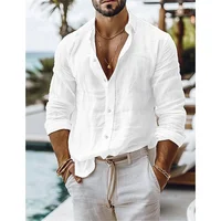 Chemise en lin pour hommes, chemise d'été, chemise à boutons en mélange de coton et de lin, chemise décontractée de vacances de couleur unie, bleu, blanc, noir, rose 4
