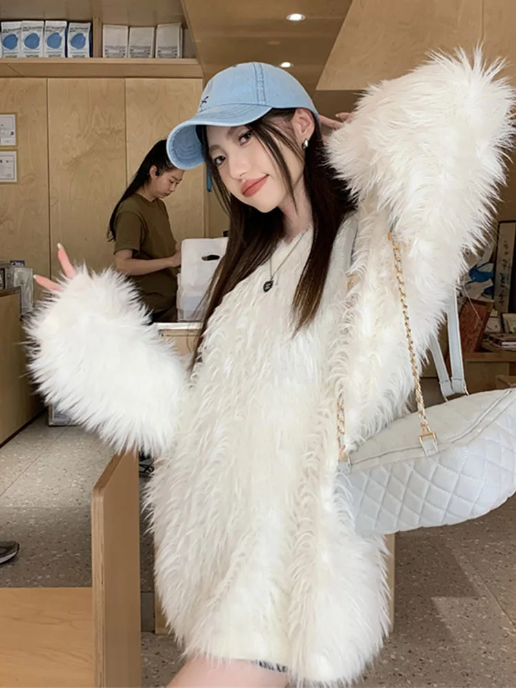 

Женский теплый пуловер из меха норки, повседневная куртка оверсайз с V-образным вырезом, Осень-зима 2024