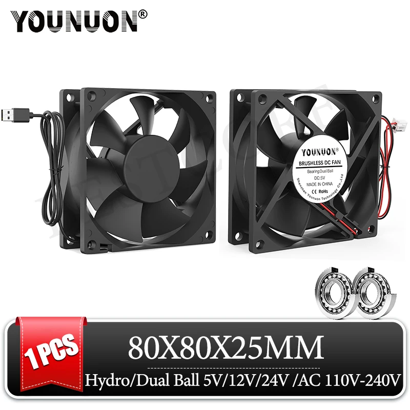 Younun-ventilador sem Escova Manga e Rolamento de Esferas Duplo Axial 80 mm 8025 80x80x25 mm 5v 12v 24v dc 1pc