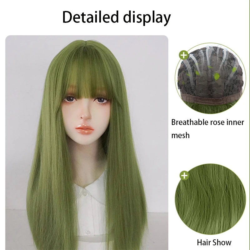 Green Wigs Female Long Hair Natural Full Head Cover Long Straight Hair Dummy Hair Wig Set Lolita cosplay daily use