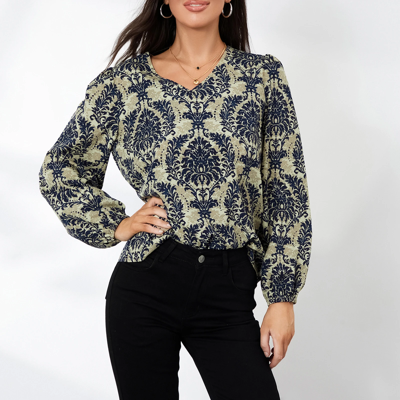 

Boho Women's Vintage Blouses Ethnic Style Long Sleeve V Neck Plant Print Loose Shirt Ladies Spring Summer Pullover Tops