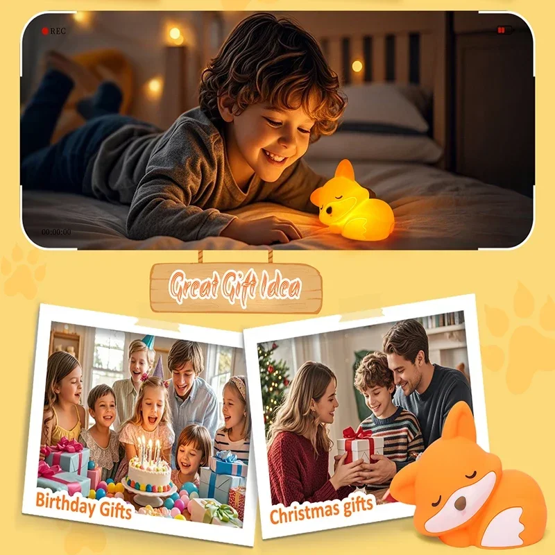 Fox Night Light, Cute Silicone Nightlight Gifts for Kids, Animal Lights with Touch Control, Timer and USB Rechargeable