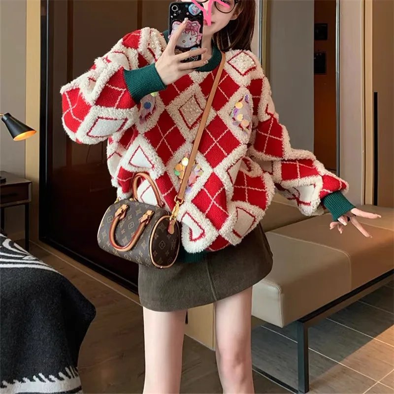 

Hsa Argyle sequined red sweater for women winter Warm new loose lazy style thick design Christmas sweater for women