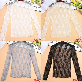 Elegant Transparent T-shirt Sexy Long Sleeve Mesh Tulles See Through Tops Shirt