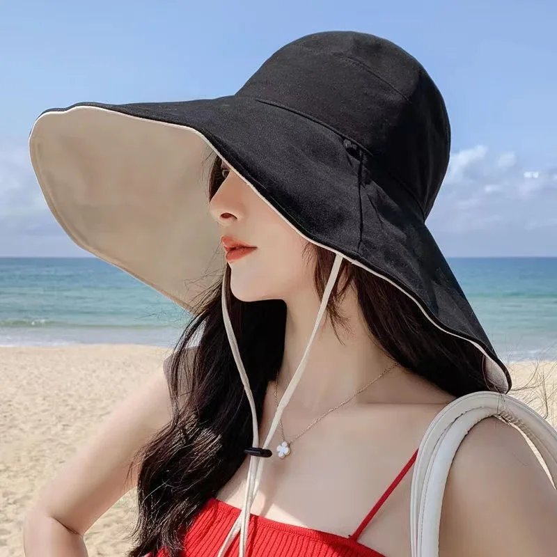 Korean style Oversized Brim Bucket Hat - Women's UV50+ Sun Protection Visor, Resort Chic Summer Beach Vacation Sun Hat