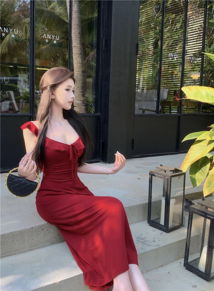 Spaghetti Strap Knitted Dresses for Women Lace-up Slim Solid Square Collar Elegant Sexy Korean Fashion Vestidos Mujer New