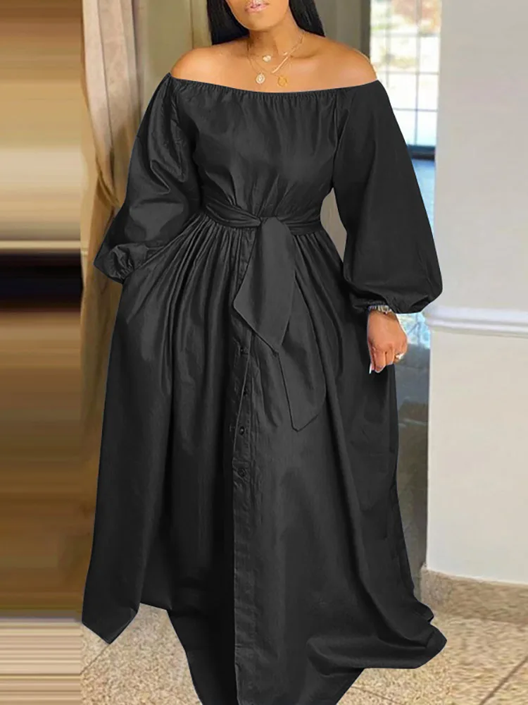 

Bohemian Maxi Sundress VONDA Summer Elegant Long Dress 2023 Women Button Casual Solid Sexy Off Shoulder Party Vestidos Belted