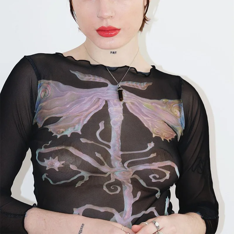 Abstract Print Graphic T Shirts For Women Clothes Y2k Accessories Mesh See Through Ropa De Mujer Bodycon Crop Top Quarter Sleeve
