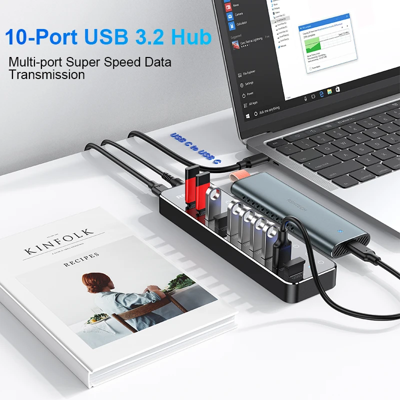 RSHTECH USB C Hub Splitter Individual Touch Switches with 10Gbps USB-A & 2 USB-C Data Ports 7 USB-A 3.0 Ports for Macbook Laptop 3