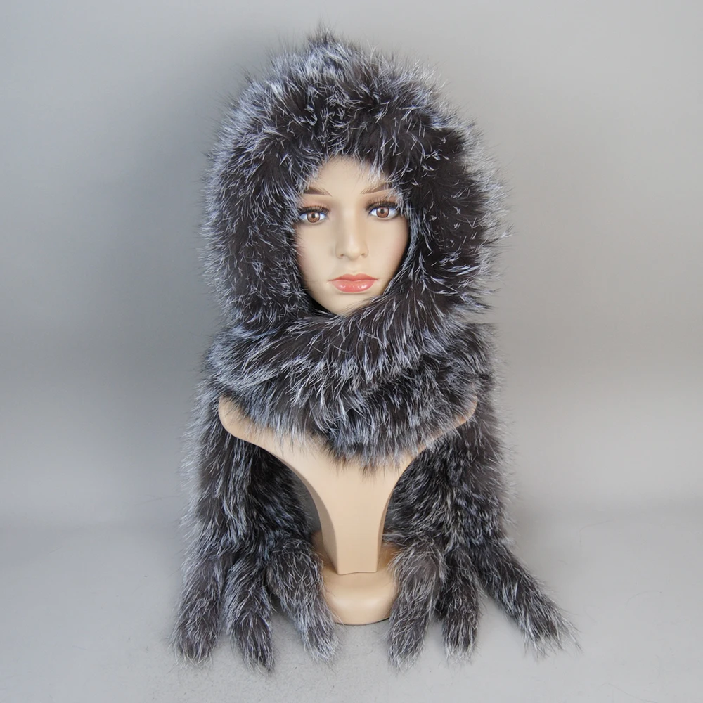 Women Natural Fox Fur Hats&Scarves Lady Warm Fluffy Real Fox Fur Hat&Scarf Luxury Knit Genuine Hooded Scarfs 2025 New Winter