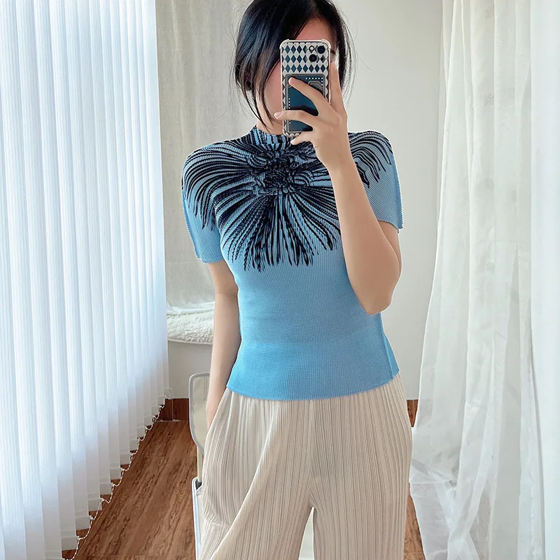 

The new 2022 summer pleated short-sleeved T-shirt with a high collar top