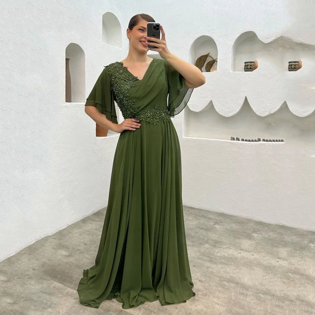 Mãe do vestido da noiva, verde exército, tamanho grande, v pescoço